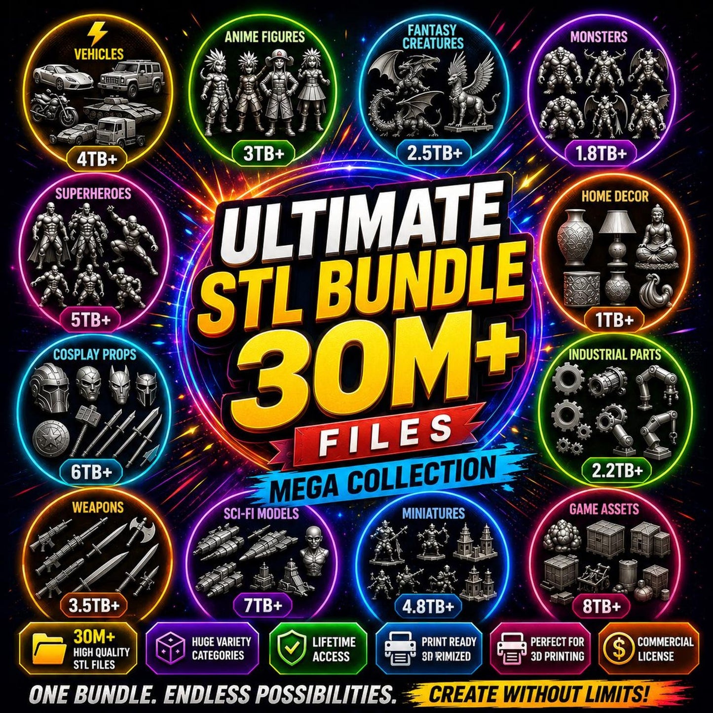 30,000,000+ STL Bundle, 300 TB Mega Collection Commercial Use, 3D Print Files, Miniatures, Terrain, Cosplay, CNC, Instant Download