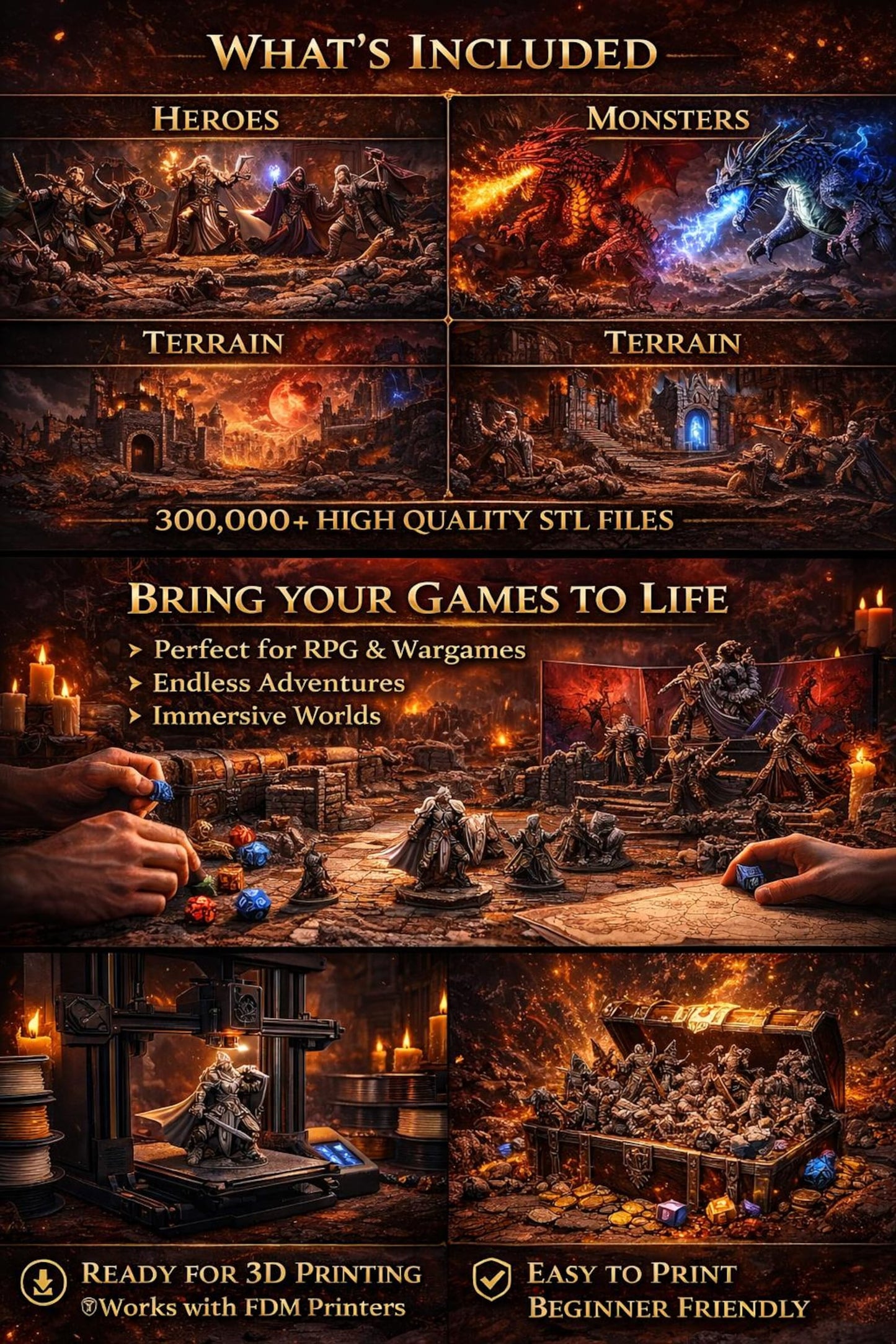 300,000+ Tabletop Miniatures STL Bundle, Heroes, Monsters, Terrain (Commercial Use)