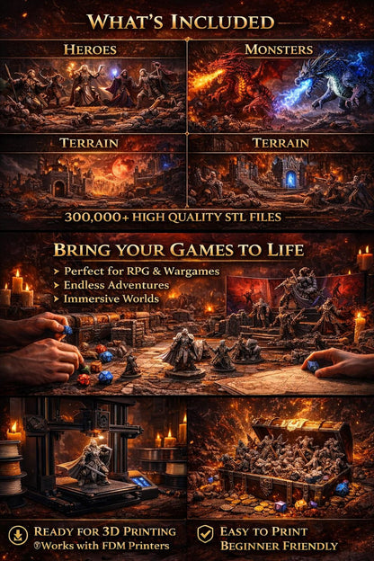 300,000+ Tabletop Miniatures STL Bundle, Heroes, Monsters, Terrain (Commercial Use)